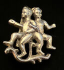 Vintage Goldtone Two Cherubs Arm in Arm on Ivy Brooch 1? Wide