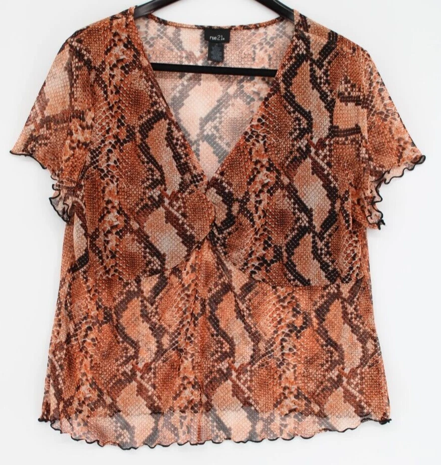 Top Rue 21 para mujer talla 3X marrón multicolor estampado animal busto forrado transparente Foto 1 de 4