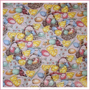 BonEful Fabric FQ Cotton Quilt Pink Easter EGG Flower Baby Chick Bird Butterfly - Picture 1 of 15