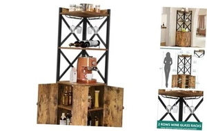 Corner Bar Cabinet with Glass & Wine Holder, Industrial Corner Rustic Brown - Picture 1 of 7