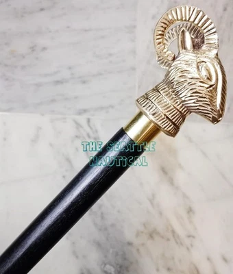 Vintage Walking Cane Brass RAM Fancy Wooden Canes Walking Stick Men Women Carved - Image 1 of 4