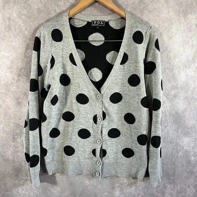 POL Cardigan 女式 XL 灰色黑色圆点纽扣柔软弹力趣味学院风舒适 — 第 1/4 张图片