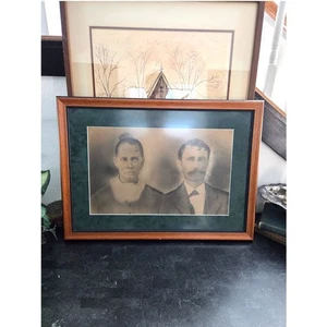 1940s Hand-Finished Charcoal on Paper Portrait of Post Humorous Couple 27x20 - Picture 1 of 10