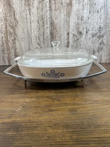 Vintage 1960er 10 Zoll blaue Kornblume Corning Ware P-10-B Kasserolle mit Chromständer - Bild 1 von 16