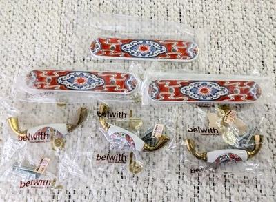 Juego de 3 tiradores de cajón Belwith de cerámica + placas traseras - Pagoda asiática floral Foto 1 de 4