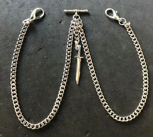 Double Albert pocket watch chain with combat knife fob,silver colour - Picture 1 of 6