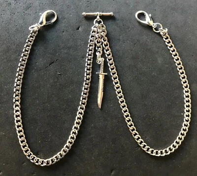 Double Albert pocket watch chain with combat knife fob,silver colour - Image 1 of 4