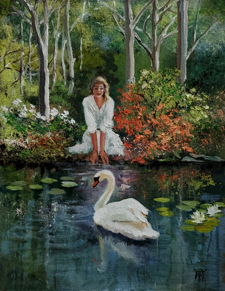 YARY DLUHOS Woman Lily Pond Swan Garden Landscape Original Art Oil Painting - Image 1 of 4