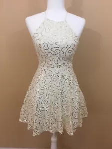 B. Darlin White Cocktail Formal Halter Dress Gold Sequin Swirl, Junior Size 3/4 - Picture 1 of 3