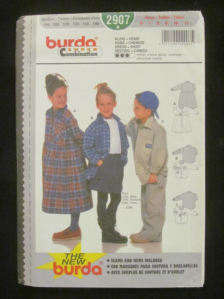 BURDA PATTERN - 2907 CHILD BOY GIRL SHIRT ELBOW PATCHES DRESS BUTTONS 6-11 UNCUT - Image 1 of 2