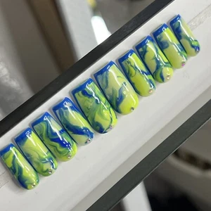 โก๏ธ๐ CUSTOM Press On Nails FRENCH BLUE ELECTRIC YELLOW 10p SET W Kit - Picture 1 of 9
