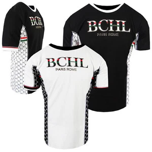 Mens T-Shirt Italian Sport Print Sides Gold Trim Bucheli Logo Slim Fit Crew Neck - Picture 1 of 11