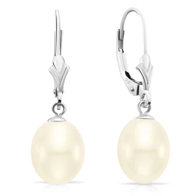 Pendientes colgantes de perlas de agua dulce ovaladas naturales de oro blanco macizo de 14K de 8,5-9 mm Foto 1 de 4