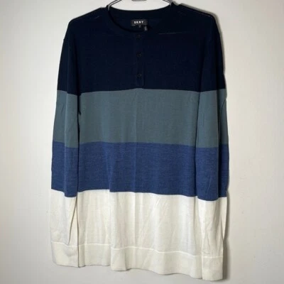 Usado en Excelente Condición Suéter Henley de 3 Botones a Rayas Azul Blanco Mezcla Lana DKNY Para Hombre L Foto 1 de 4
