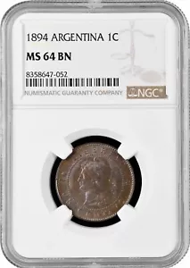 Argentina 1 centavo 1894, NGC MS64 BN, "Argentine Peso (1881 - 1969)" Top Pop - Picture 1 of 2