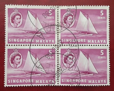 SINGAPORE Asia 1955 5c Used Block Lombok Sloop Sailboat Scott 31 VF/XF 112-1 - Image 1 of 2