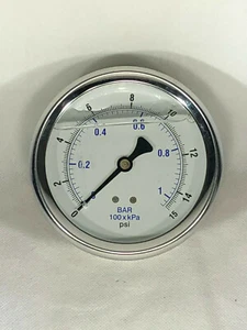LIQUID FILLED PRESSURE GAUGE 0-15 PSI, 4" FACE, 1/4" BACK MOUNT - Picture 1 of 2
