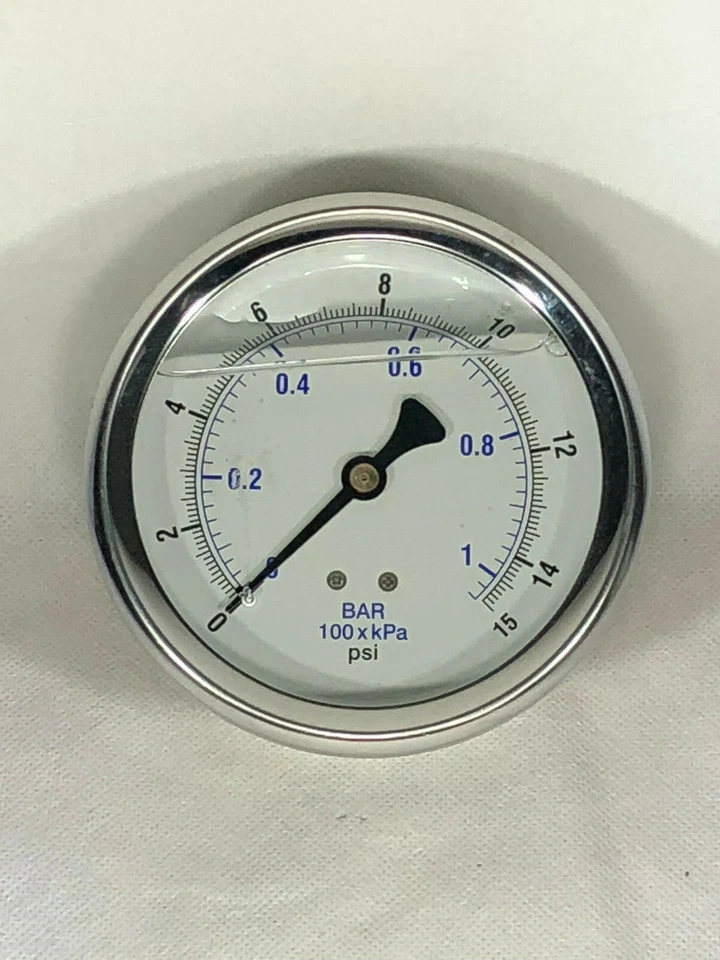 5 PACK LIQUID FILLED PRESSURE GAUGE 0-15 PSI, 4" FACE, 1/4" BACK MOUNT - Image 1 of 2