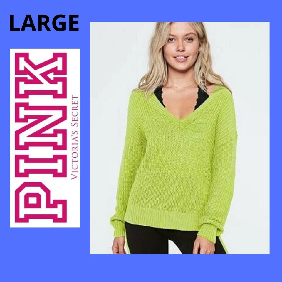Victoria's Secret Pink Cotton Long Sleeve Knit V Neck Sweater Neon Yellow L