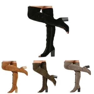 Para mujer Botas altas en los muslos Damas con cordones con cremallera sobre la rodilla bloque tacones altos Zapatos - Imagen 1 de 21