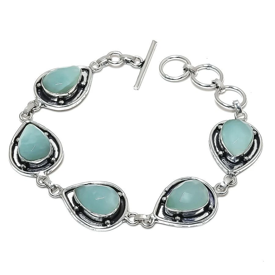 Brazalete Joyería Plata de Ley 925 Hecho a Mano Piedras Preciosas Amazonita Verde Talla 7-8 Foto 1 de 1