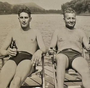 Vintage 1950’s Black & White Photograph 2 Sexy Men Swim Trunks & Women’s Shoes - Picture 1 of 4