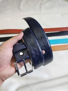 Navy Blue 100% Genuine Exotic Body Ostrich Leather Skin Men's Belt Silver Buckle - Picture 1 of 11