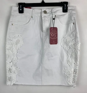 Boom Boom Jeans Gonna Bianco Denim Applique Floreale Design Zip Bottone Taglia L NUOVO - Foto 1 di 11