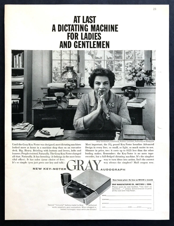 1959 Etiquette Columnist Amy Vanderbilt photo Gray Audograph vintage print ad - Image 1 of 1