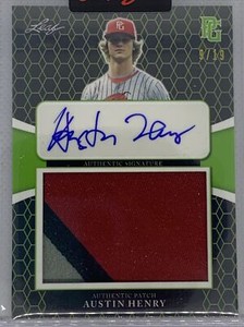 2021 LEAF PERFECT GAME GREEN AUSTIN HENRY THREE COLOR PATCH AUTO # 9/19