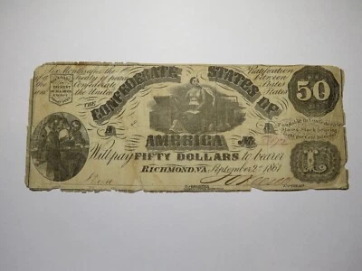 $50 1861 Richmond Virginia Confederate Currency Bank Note Bill T14 RARE Issue - Image 1 of 2