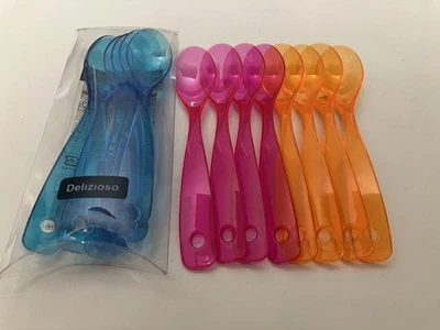 "Lote de 14 cucharas de postre Daiso Japón color plástico 6 azul 4 naranja 4 rosa 5 3/8""" Foto 1 de 4