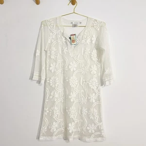 Gretchen Scott Neu mit Etikett durchsichtig Netz Spitze handbestickt Blumen Schwimmen Überziehen Kleid S - Bild 1 von 9