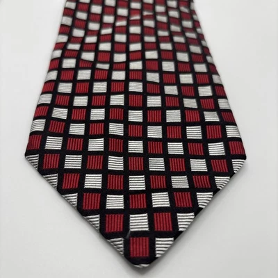 Corbata de seda Emilio Romano 59x3,5 roja plateada negra geométrica hecha a mano Italia Foto 1 de 4