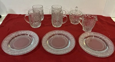 Princess House Fantasia Poinsettia Crystal 6 Plates 4 Cups & Sugar & Creamer Set - Image 1 of 4