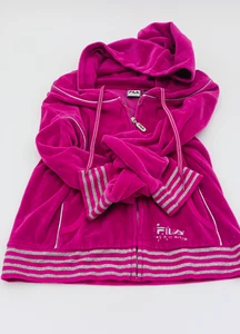 Fila Sport Hoodie Womens XL Velour Full Zip Hooded Jacket Silver Striped Trim - Picture 1 of 3