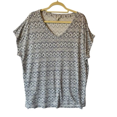 Camiseta de punto Orvis XL manga corta estampado de diamantes azules cuello en V para mujer Top elástico Foto 1 de 4