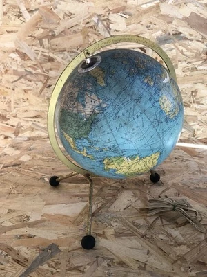 Mappemonde Ancienne Globe Terrestre Verre 1963 + Pied Tripode Métal Doré  #C905 - Photo 1/4