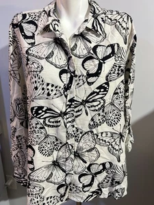 Jane Delancey Women Large Top Blouse White Black Butterflies Linen Blend New NWT - Picture 1 of 7