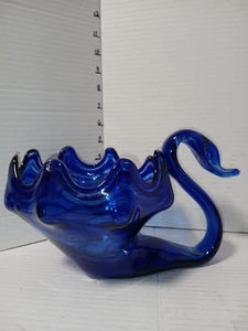 Vintage Art Glass Swan Large Hand Blown Sooner Style Cobalt Blue Swirl Bowl - Picture 1 of 4
