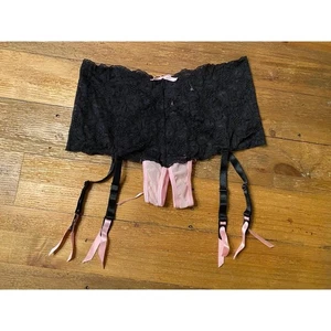 Fredericks Hollywood Seduction M ouvert Strumpfband schwarz pink Spitze Schleife Vintage - Bild 1 von 7
