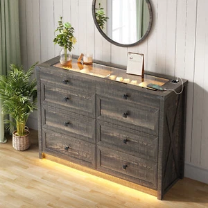 Farmhouse Dresser with 8 Drawers/LED Light/Charging Station/Human Sensor - Picture 1 of 15