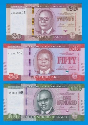Liberia 3 notes, 20 + 50 + 100 Dollars, P New 2022 New Design UNC - Image 1 of 2