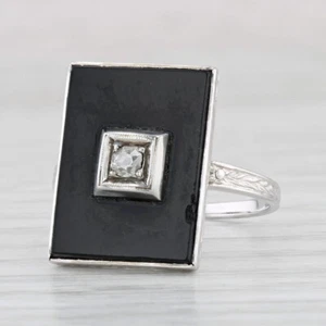 Onyx Diamond Signet Ring 14k White Gold Vintage Wheat Band Size 6.25 - Picture 1 of 10