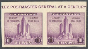 Scott 731a, the 3¢ 1933 Century of Progress Issue - Par horizontal - Imagen 1 de 1