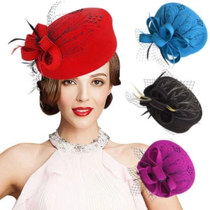 Embroidered Womens Girl Veil Netting Wool Felt Fascinator Pillbox Hat Party A140 - Picture 1 of 29