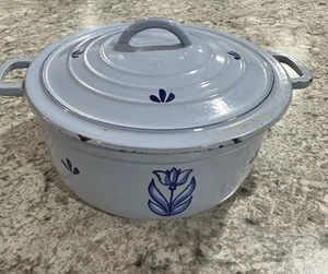 Vintage DRU Holland Enamel Cast Iron Dutch Oven Blue with Tulips With Lid - Picture 1 of 9