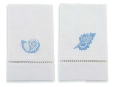 Mud Pie White Waffle Weave Embroidered Blue Shells Guest Towels Set of 2 - Image 1 of 2
