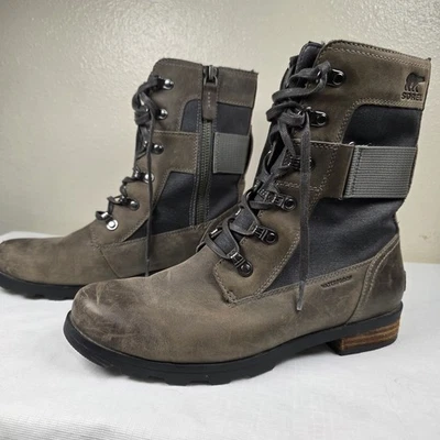 Sorel Emelie Lace Waterproof Boots Women 8.5 Brown Gray Leather Combat Gorpcore - Image 1 of 4