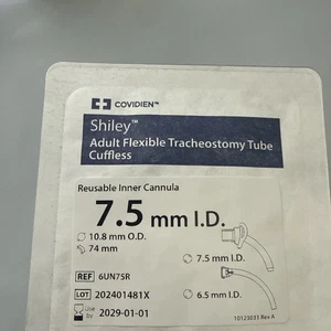 Covidien Shiley 6UN75R Exp 2029 Adult Flexible Trach Tube Cuffless Sealed - Picture 1 of 3